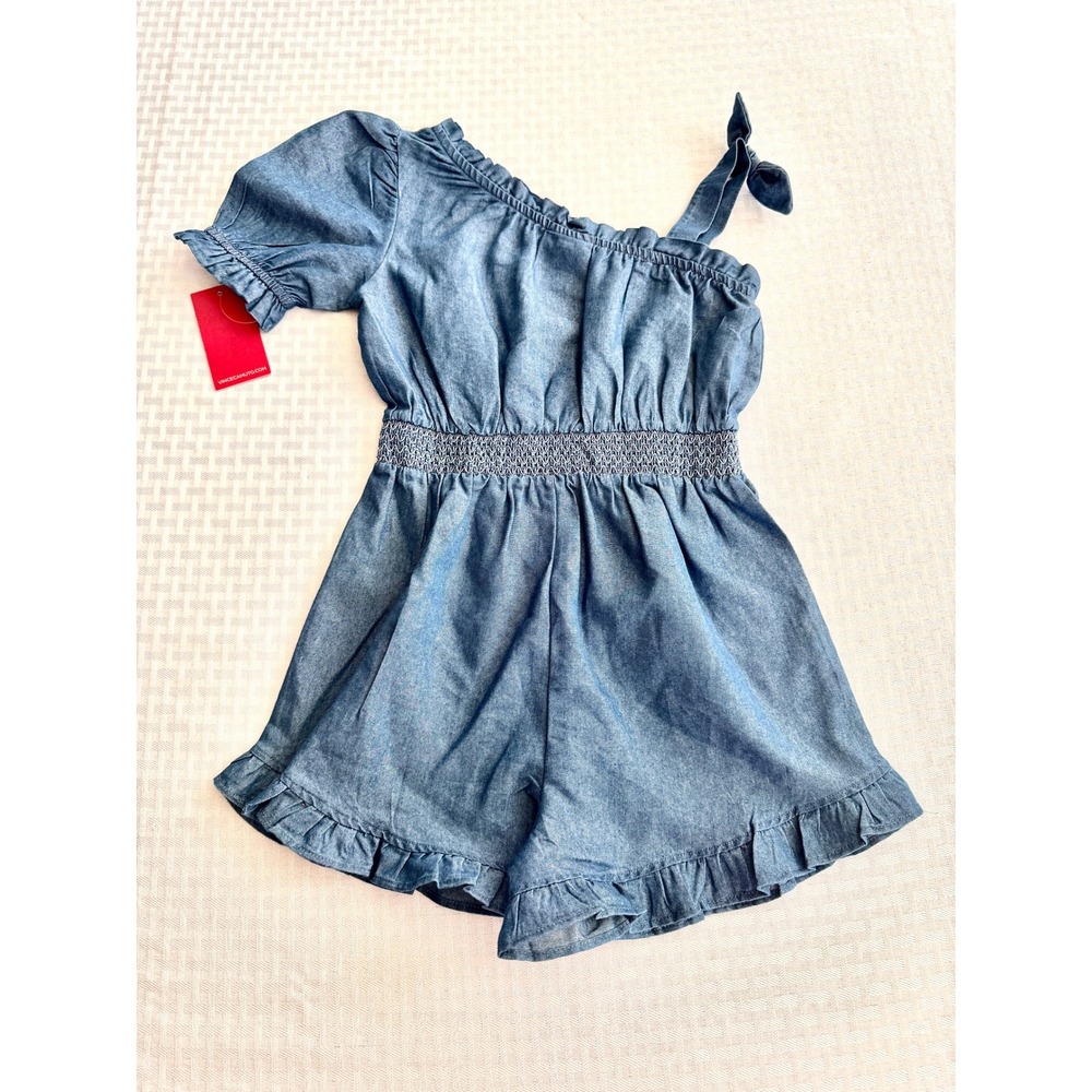 Vince Camuto‎ Girls Denim Romper One Shoulder Puff Sleeve Blue Chambray NWT 6X - Picture 4 of 9